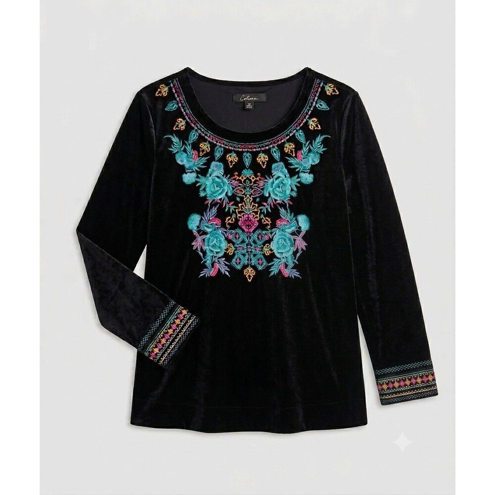 Calessa Embroidered Floral Velvet Top